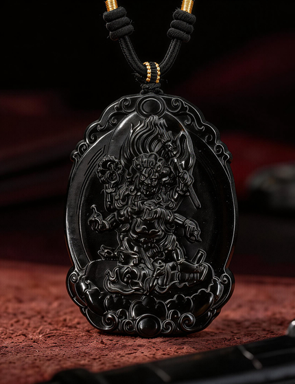 Six-Armed Mahakala Black Jade Pendant