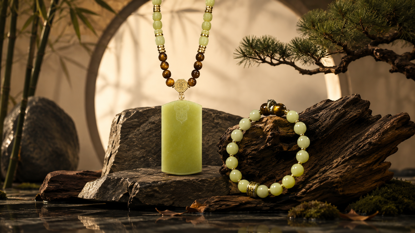 Olive jade pendant and bracelet editorial still life